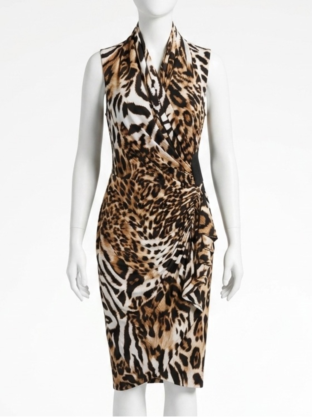 Joseph Ribkoff Leopard Print Ruched Faux Wrap Sleeveless Dress Size 8